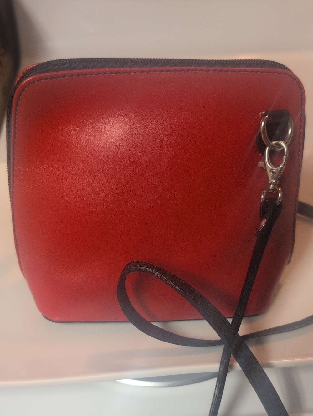 Red Vera Pelle Leather  Crossbody Made In Italy